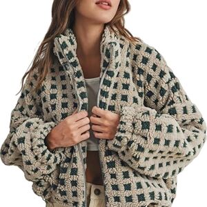 Women Y2k Plaid Jacket Fuzzy Zip Up Long Sleeve Warm Oversized Fall Winter Sherp